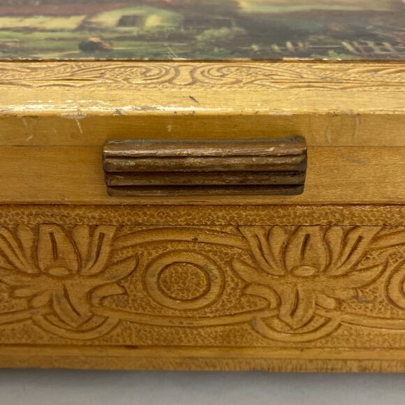 Vintage Wood Footed Jewelry Chocolate Keepsake Trinket Box Carved Mirror Hinged - Picture 6 of 13